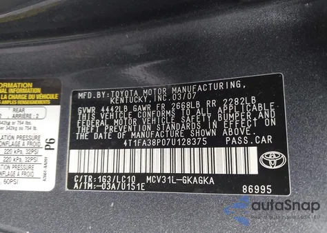 2007 Toyota Camry Solara Sle z USA, uszkodzony, nr VIN 4T1FA38P07U128375